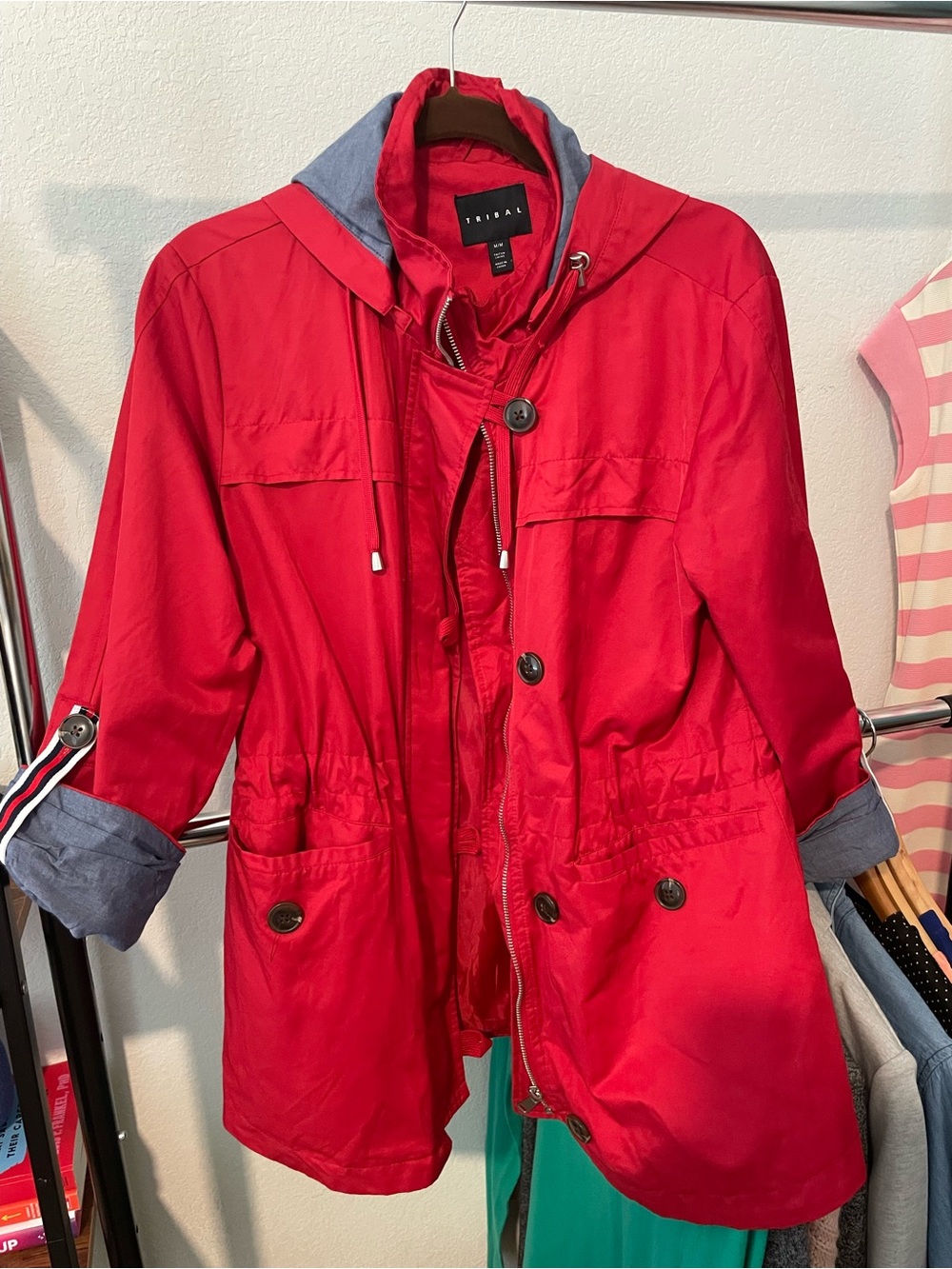 Tribal Red Hooded Utility Jacket with Contrast Trim
